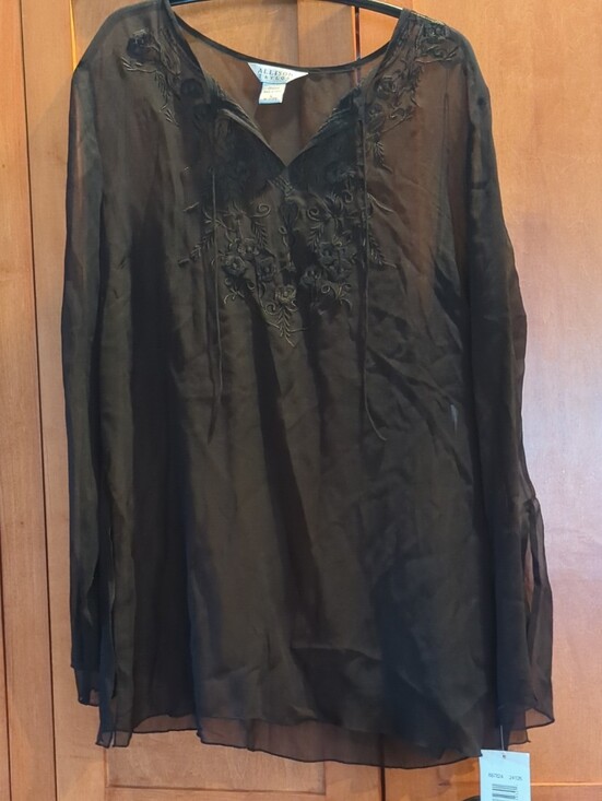 Allison Taylor Tops - New Allison Taylor Black Sheer Silk Long-Sleeve Embroidered Blouse Large